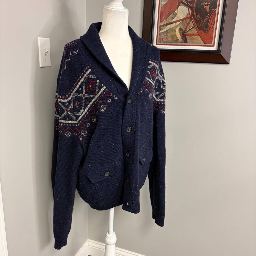 Brooks Brothers Mens XL Navy Lambswool Fair Isle Shawl Collar Cardigan Sweater - Picture 2 of 8